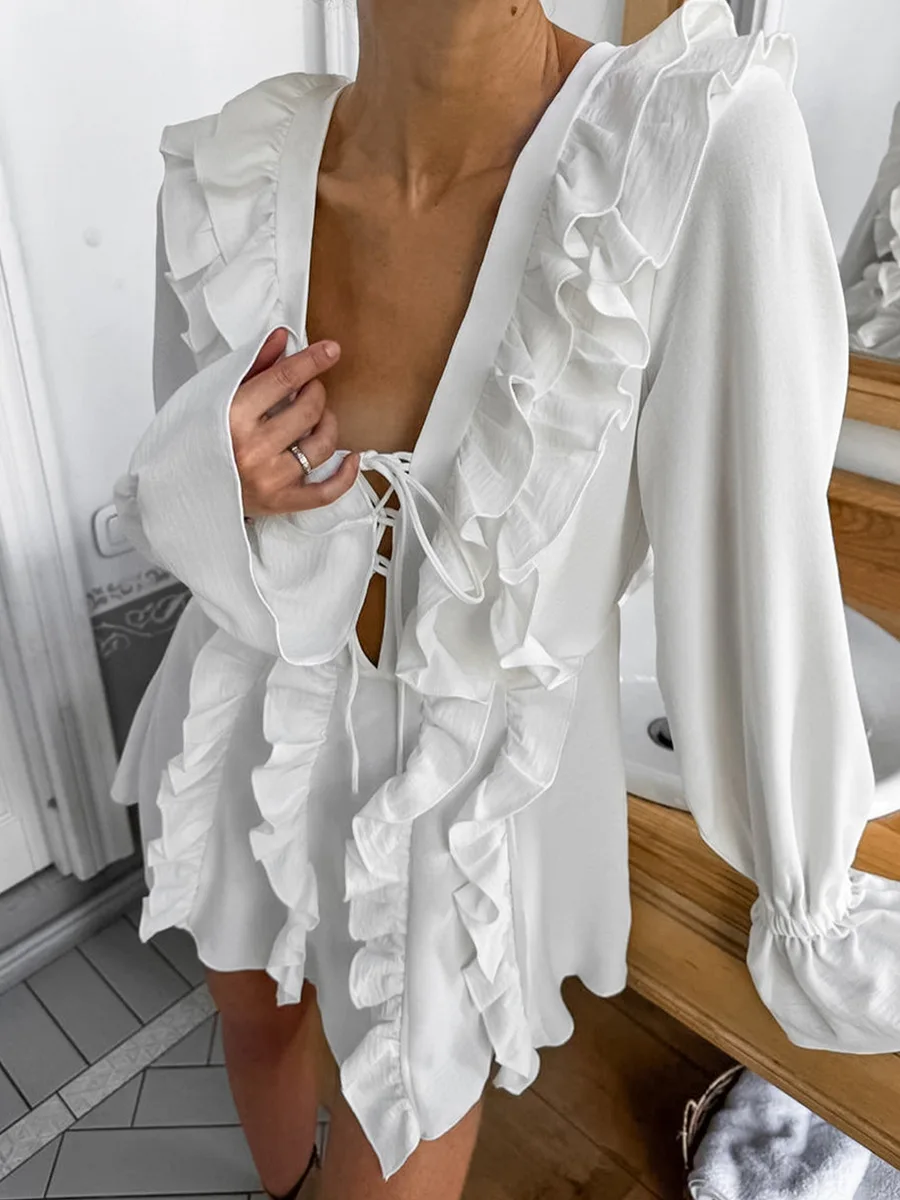 Wolfeel Lotus Leaf Edge Long Sleeved Dress Women's Spring New Lace Up Cardigan Nightgown Comfortable Soft Home Clothing Pajamas