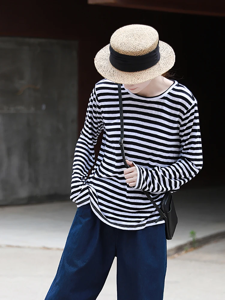 

Футболка Rainwen Ci Early Autumn Original Bla, белая в полоску, из хлопка и льна, свободного кроя, универсальная, стройнящая, тонкая, длинная