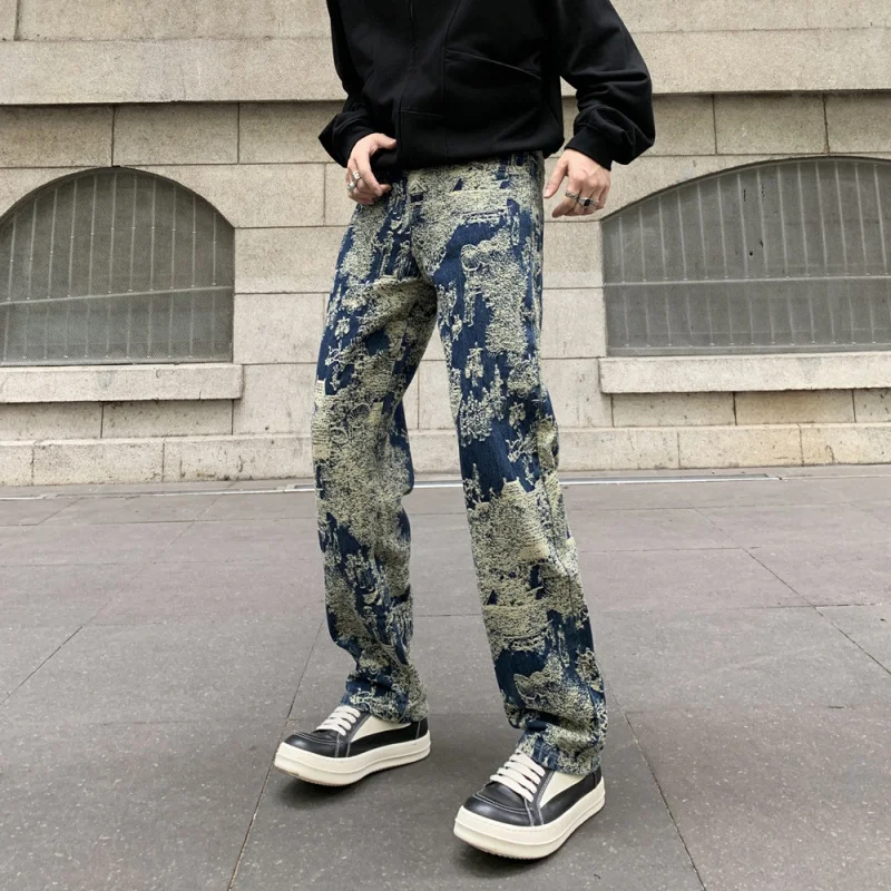 

American style high street retro jacquard fashionable loose all-matching casual old casual high-profile straight jeans for men
