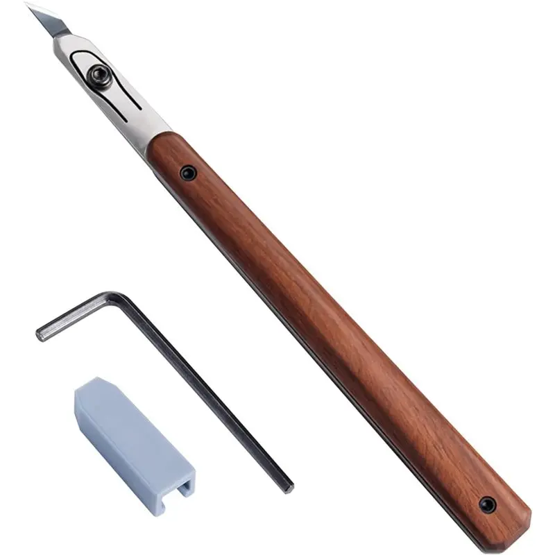 

【НА РУКОЮВЕДУЩЕЙ РУКУ】Нож для резки кожи, прецизионный инструмент с заостренной деревянной ручкой, 3 сменных лезвия и защитный футляр