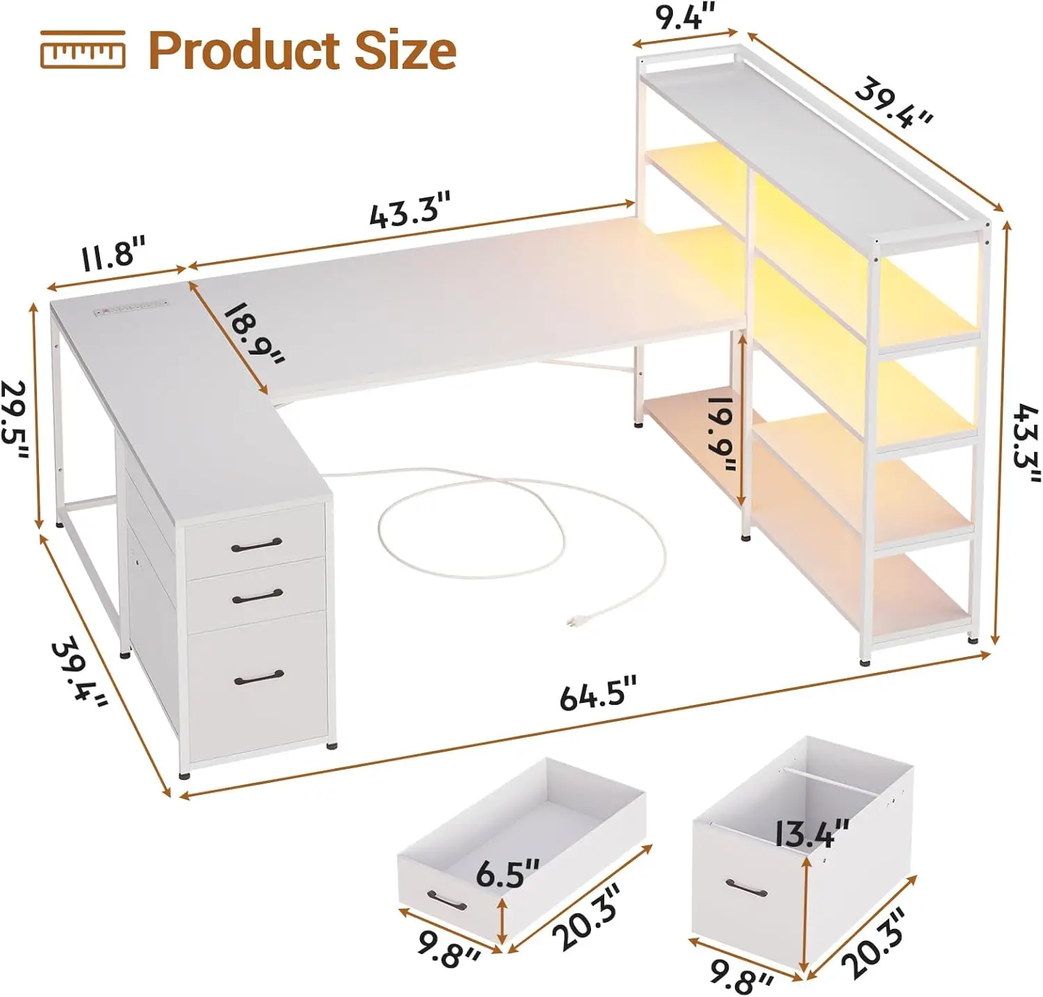 White Computer Desk with Drawers, 64.5