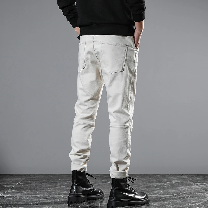 

JXNS80 New American high-end zip splicing jeans men white fashion casual Slim straight biker casual trousers