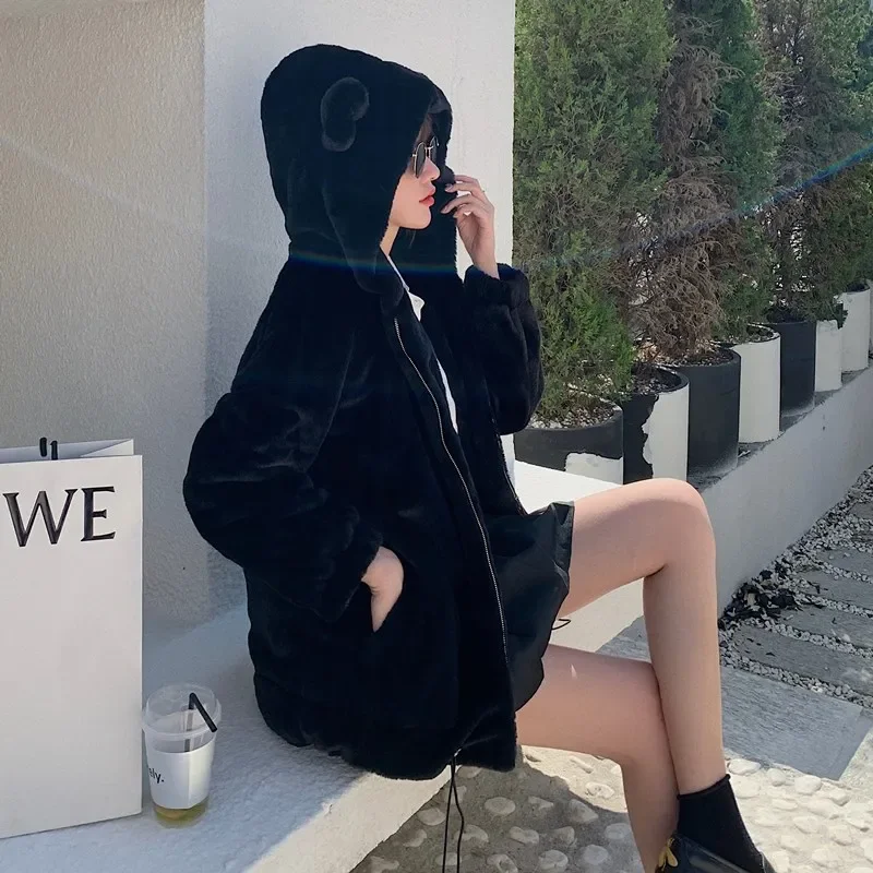 الخريف الشتاء سميكة عالية الجودة عادية مقنعين فو الأرنب معطف الفرو المرأة فضفاضة الخصر الرباط الكورية لينة وهمية الفراء ملابس خارجية