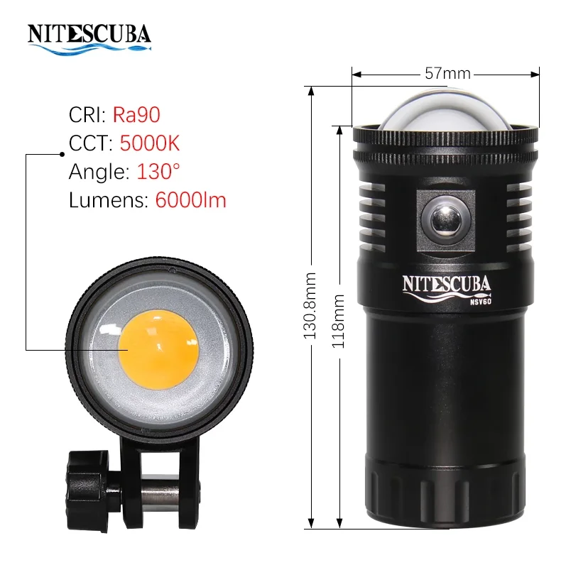 Nitescuba NSV60 LED Diving Glare Video Light 6000 Lumen Wide Angle Continuous Lighting High CRI=90 5000k Underwater Phorography