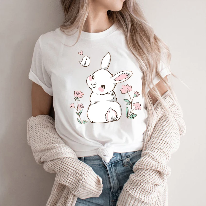 Easter T Shirt Kawaii Bunny Print Short-sleev Tops Fashion Casual Women Tee Easter Basekt Eggs Tees Oversized T-Shirt Ropa Mujer