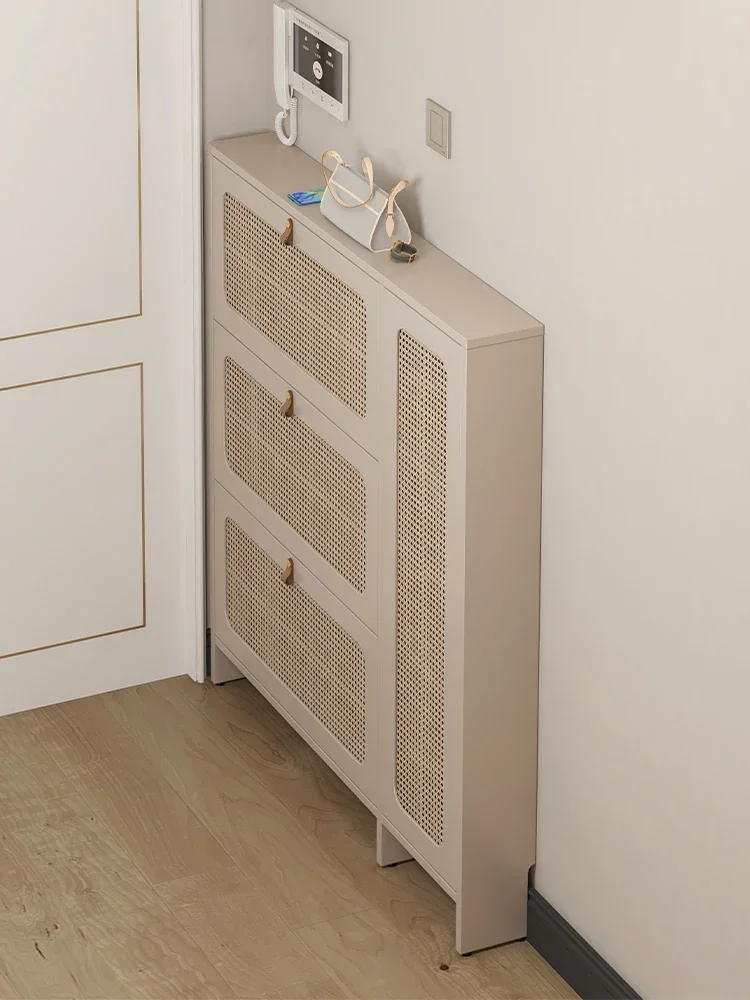 YY Ultra-Thin Shoe Cabinet Rattan Woven Breathable Household Household Entrance Solid Wood Tilting