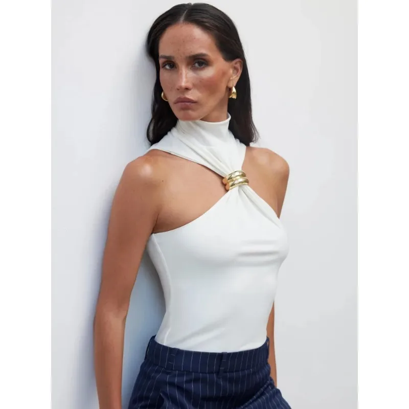 

Turtleneck Basic Knit Tank Tops Women Vest Pullovers Metal Ring Camisole Sleeveless Skinny Knitted Tops Cropped Top