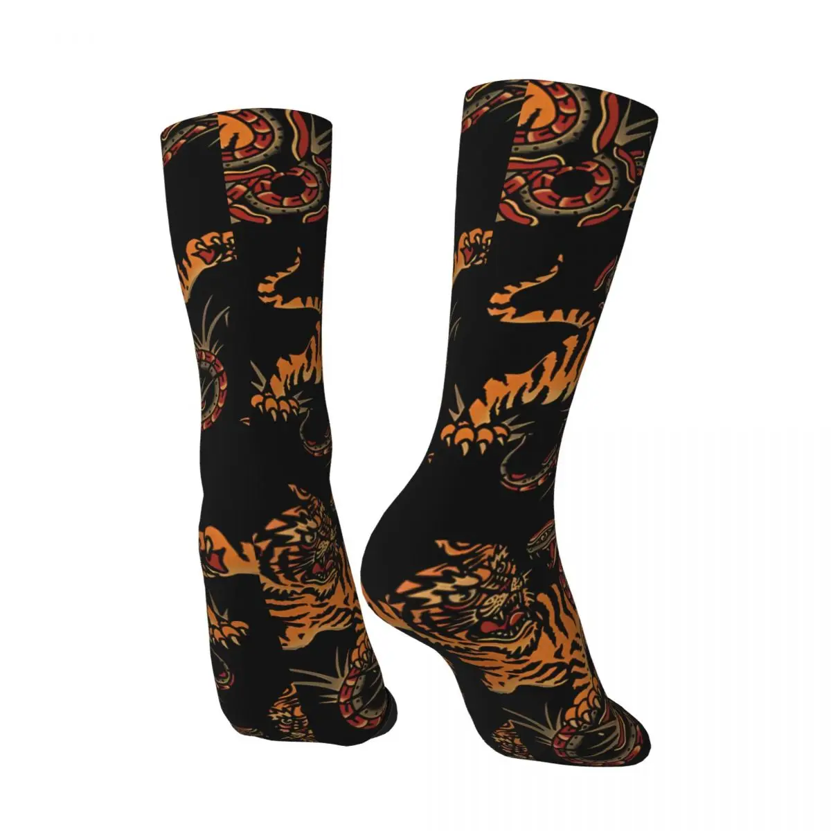 Happy Retro Tiger Tattoo Design Crazy Men's Socks Unisex Harajuku Pattern Printed Novelty Crew Sock Boys Gift