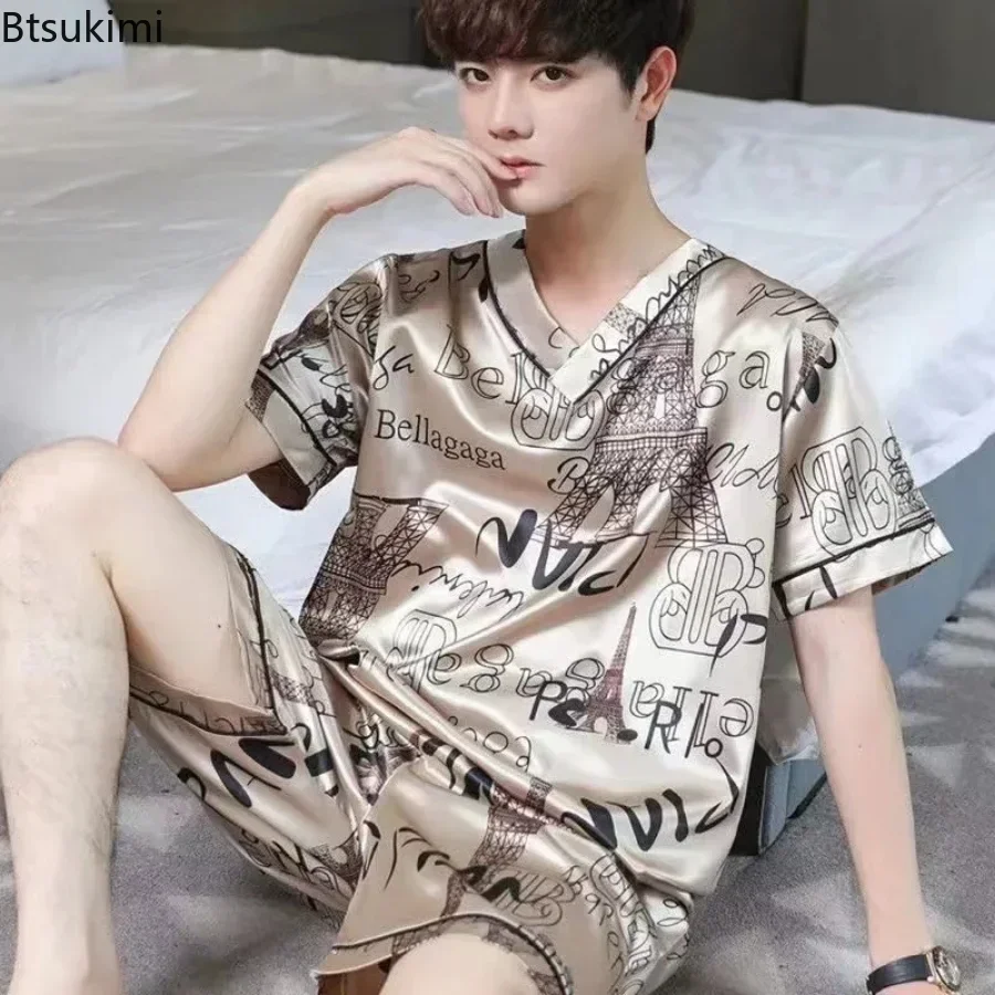 2024Men\'s Pajamas Short Sleeved Summer Ice Silk Home Clothing Men\'s Summer Casual Thin Cardigan Men Sleepwears Set Home Clothing