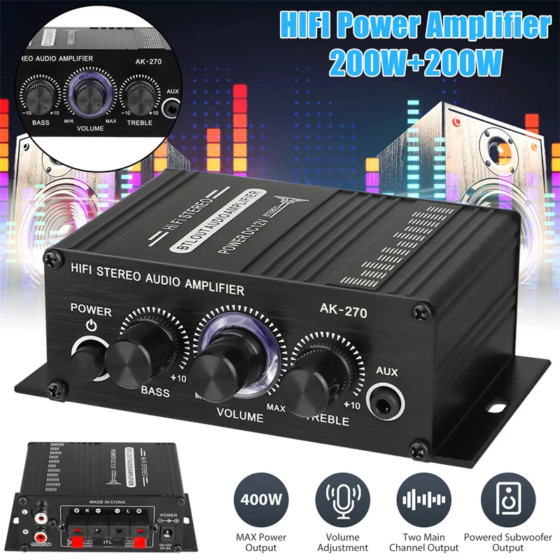 Mini Audio 2-Channel Stereo Power Amplifier Portable Sound Amplifier AUX Input Speaker Amp For Car And Home AK270