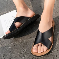 Summer Sandals High Quality Leather Men Bare Toe Slippers Men Shoes Slip on Casual Shoes Outdoor Mens Slides Comfy Beach Sandals