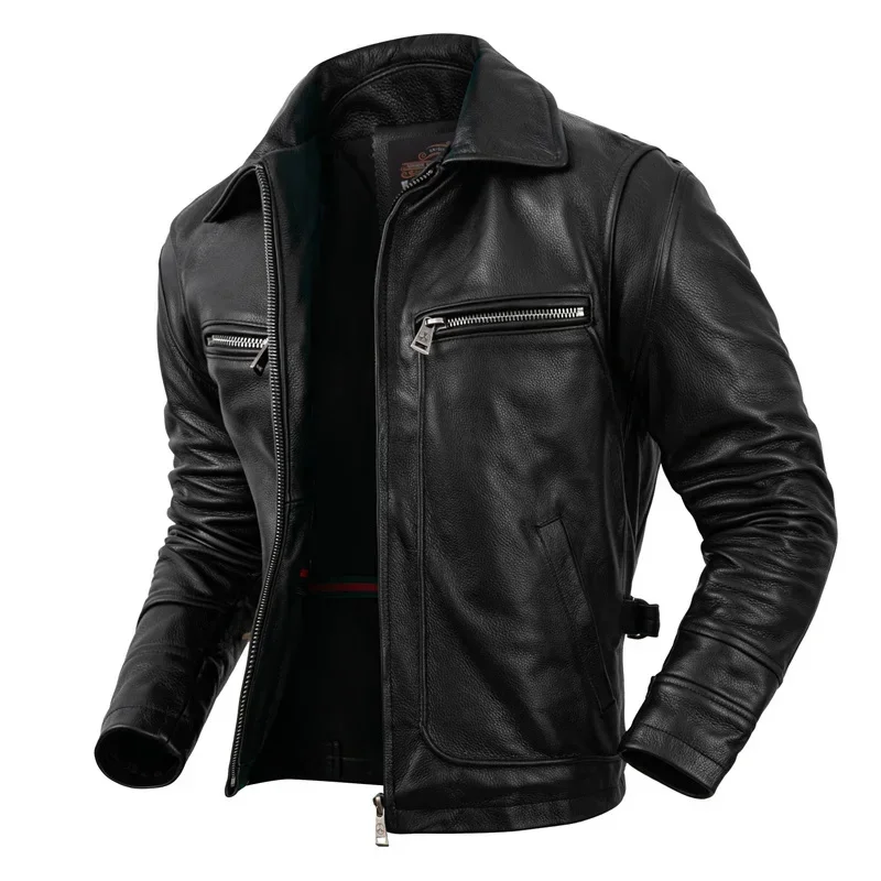 Pure Top Layer Cowhide Genuine Leather Jacket Men's Slim Fit Lapel Motorcycle Jackets Classical Black Zipper Coat