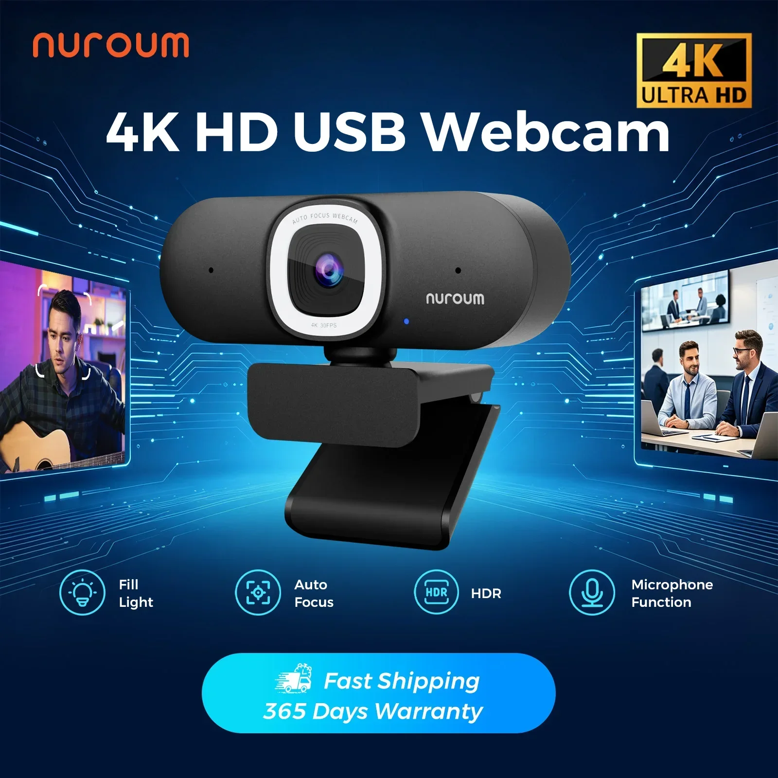 NUROUM V32AFL 4K webcam with mic, autofocus, auto-framing & ring light. USB plug-and-play for PC, for meetings,live streaming