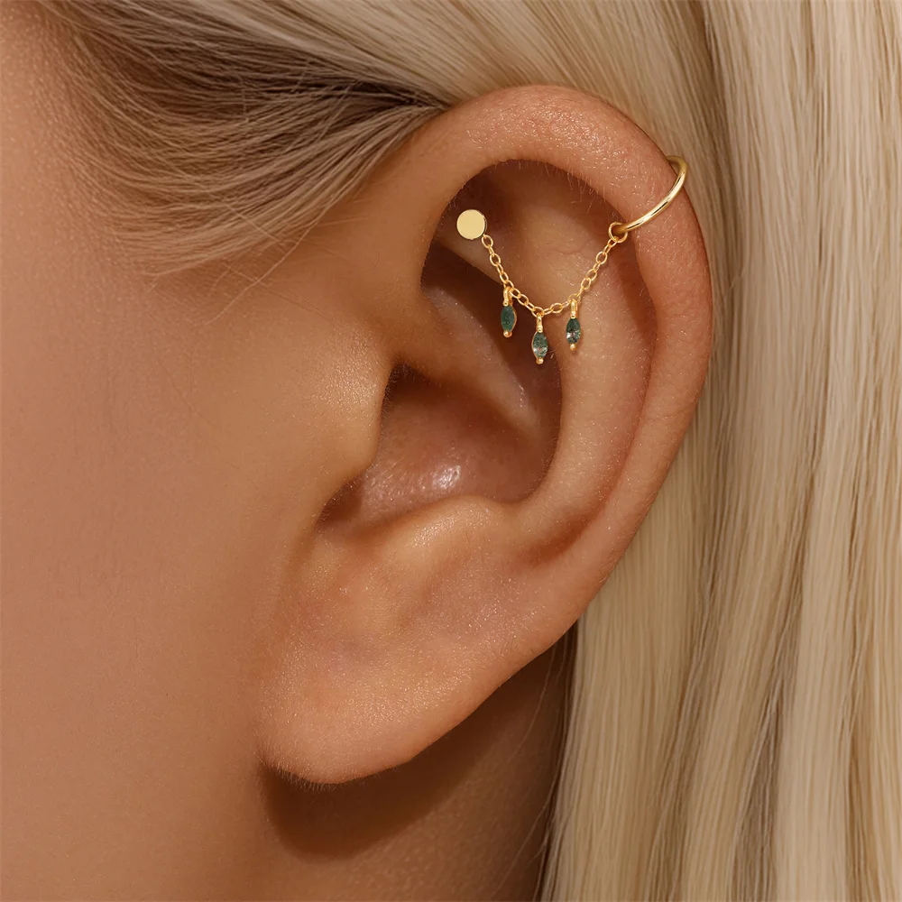 CANNER 1개 S925 실버 그린 모스 천연 수생 식물 마노 다이아몬드 모양 팔각형 스타 체인 피어싱 뼈 네일