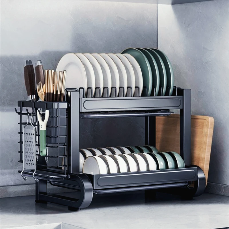 

2/3 Tier Dish Bowl Drainer Storage Rack Kitchen Dish Drying Rack with Drain Basket Countertop Dinnerware Organizer