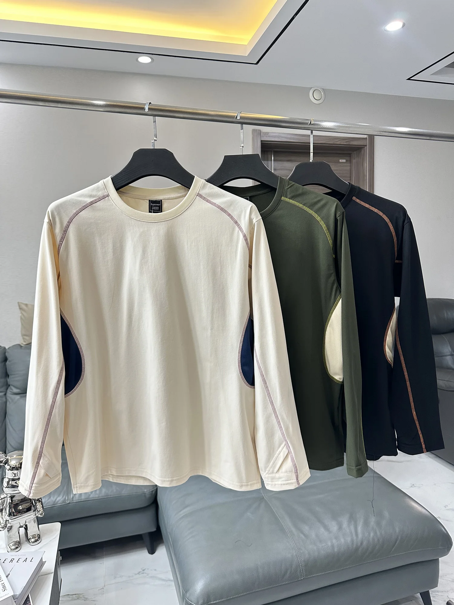 Casual Color Block Long Sleeve T-Shirt Men's Spring Summer round Neck Loose Breathable Sport Outdoor Fashionable Polyester Fiber