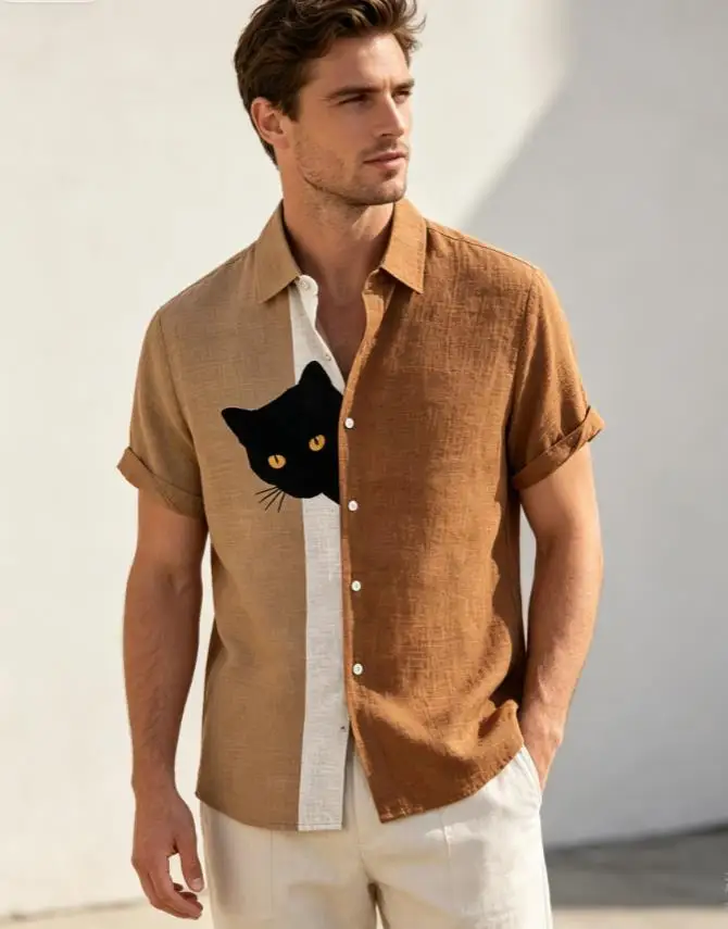New Linen Men's Shirt Color Block Black Cat Paw Print Lapel Roll Sleeve Soft Fabric Daily Casual Male Outfits
