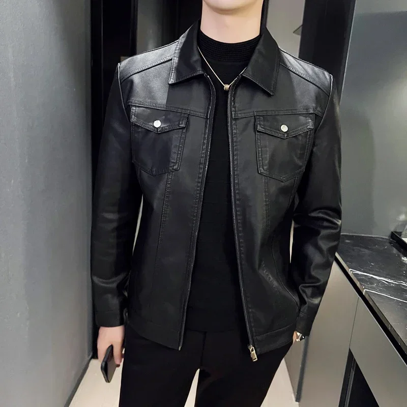 

Brand Men's Designer Punk Leather Jackets Fashion Men's Slim Fit Pu Coats Wind Pocket Design Men Motorcycle Pilot Leather Jacket