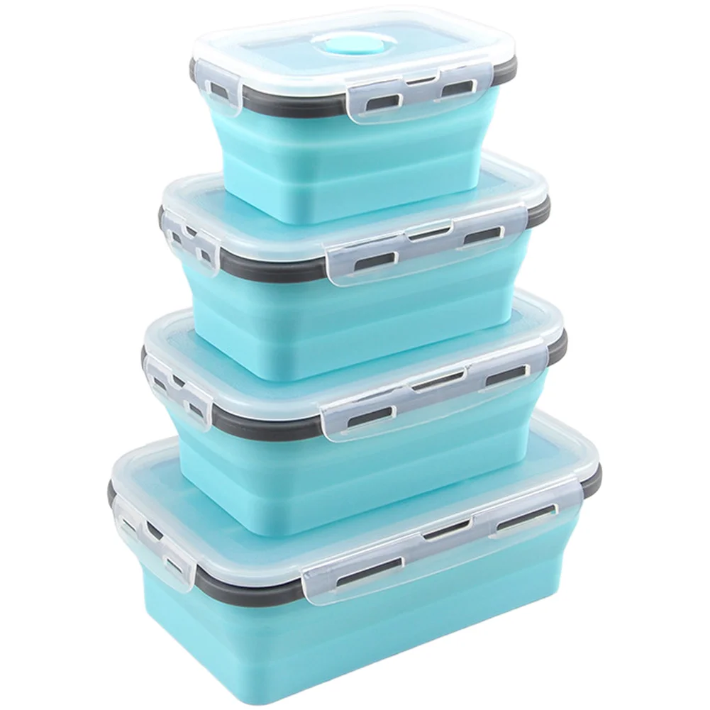Foldable Silicone Lunch Box Set 4pcs 350ml 500ml 800ml 1200ml Microwave Safe Rectangular Food Storage Containers