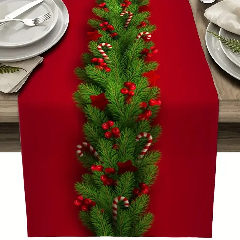 Christmas Pine Needle Linen Table Runner Holiday Wedding Party Table Decor Winter Xmas Dresser Scarf for Christmas Decorations