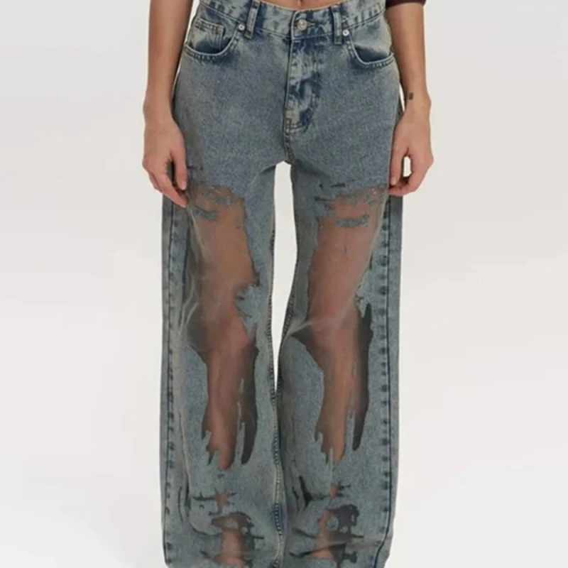 

Cut-out Gradient Woman's Denim Pants Mesh Patchwork Low Rise Jeans for Women Baggy Wide Leg Dragging Vintage Denim Trousers
