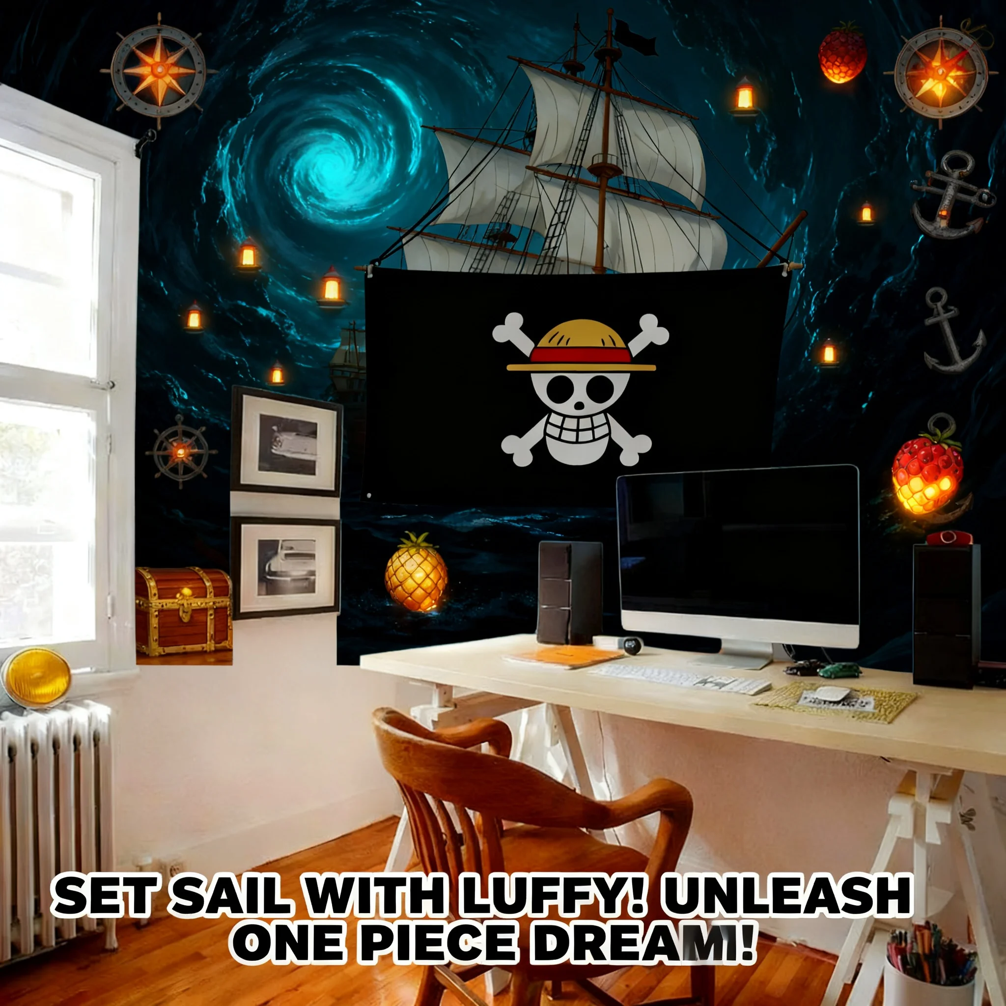 Póster Decorativo de One Piece con la Bandera de los Piratas del Sombrero de Paja de Luffy, Regalo para el Hogar, Dormitorio, Niños y Niñas