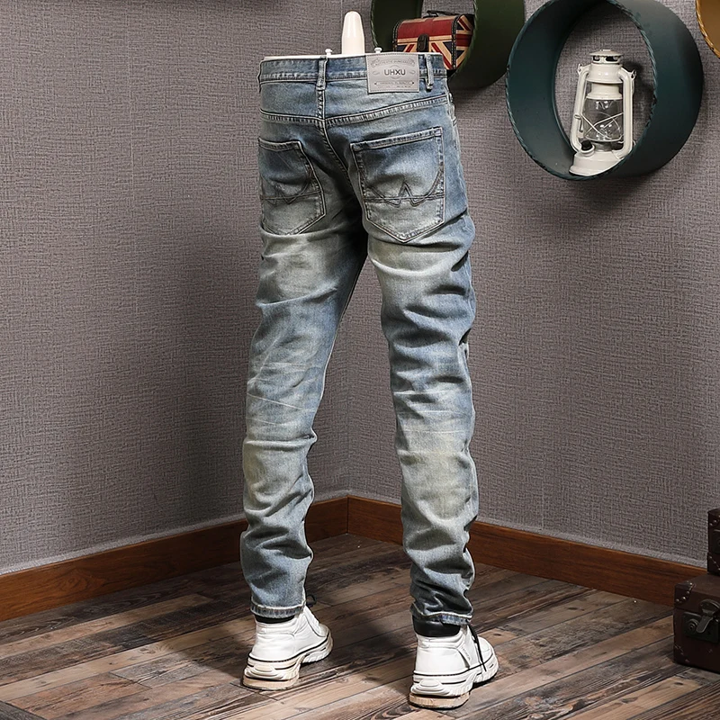 Fashion Designer Men Jeans High Quality Retro Blue Elastic Slim Fit Ripped Jeans Men European Vintage Casual Denim Pants Hombre