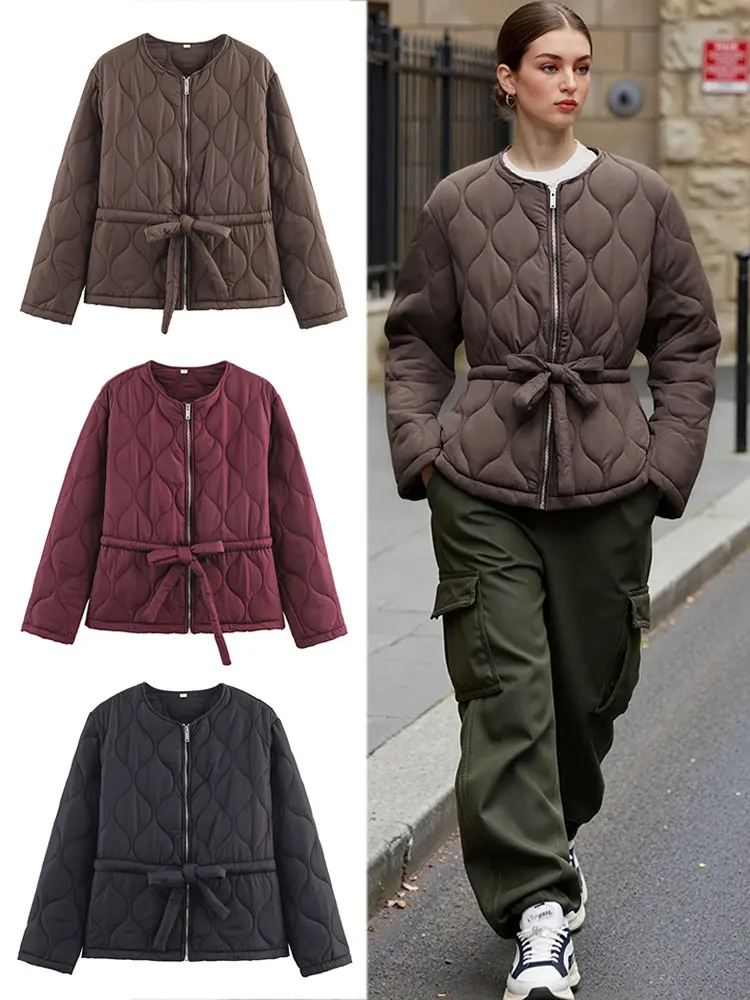 เสื้อโค้ทผู้หญิงแบบควิลท์สีพื้น แขนยาว คอทรงโอ ติดซิป มีเข็มขัด แฟชั่นลำลอง สไตล์สาวออฟฟิศ อุ่นสบาย สำหรับฤดูใบไม้ร่วงและฤดูหนาว