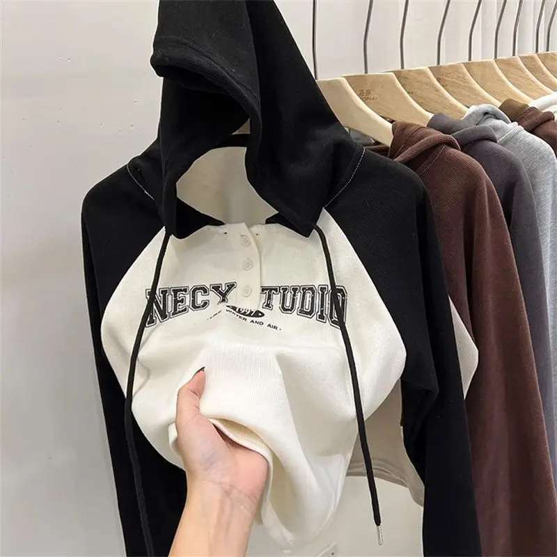 Femme primavera outono moda retalhos cor bloqueando hoodies roupas femininas tendência botão carta algodão solto manga longa topo t