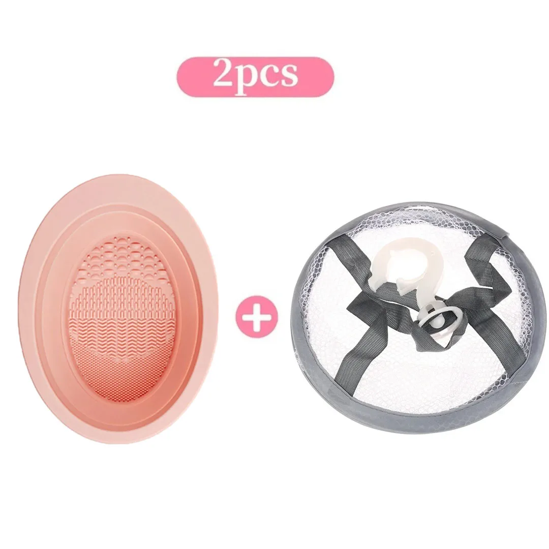2-piece Brush Cleaning Set Including A Foldable Makeup Brush Cleaning Mat and A Drying Net Bag, Quick-dry Feature