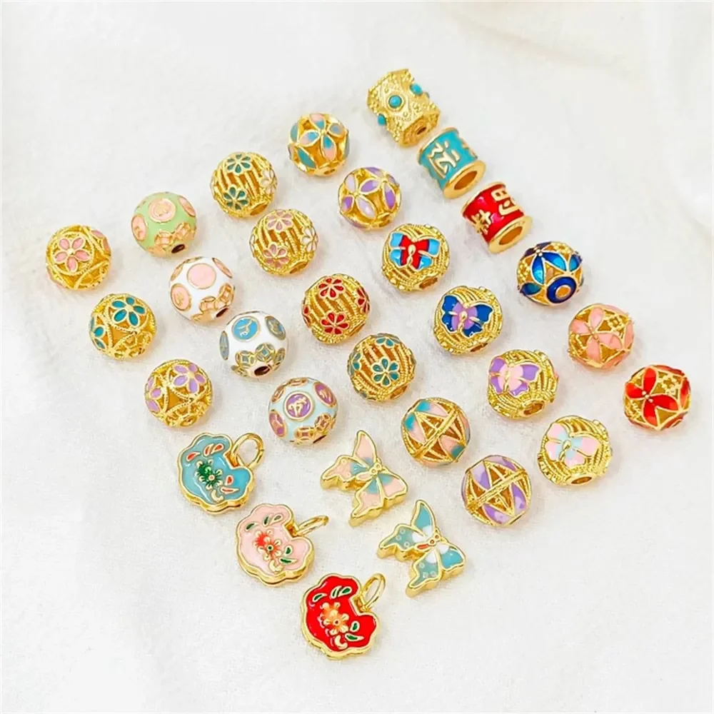 

18K Copper Gold-plated Oil-dripping Retro Hollowed-out Ball Diy Jewelry Accessory, Jingtai Blue Beaded Bracelet with Beads