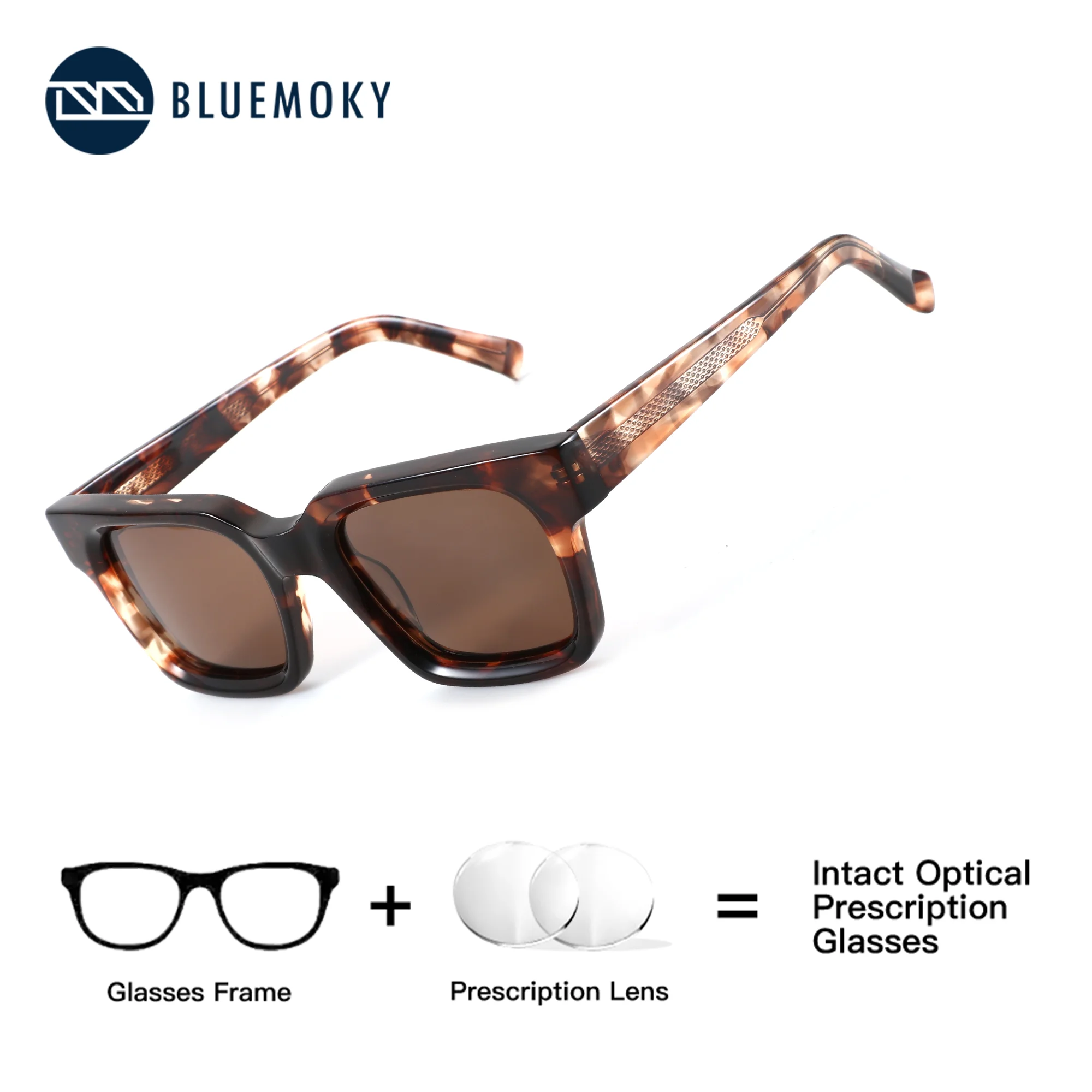 BLUEMOKY スクエア アセテート べっ甲柄 カスタム処方サングラス 累進近視 女性 視力矯正 UV400 レンズ