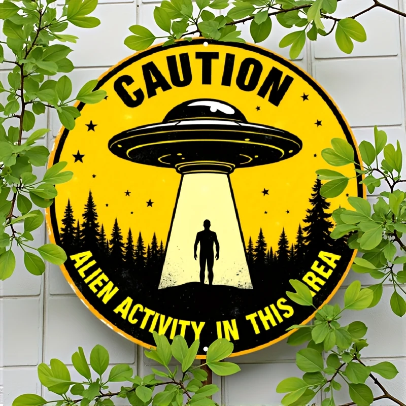 1 Stück Alien-Aktivitäts-Warnschild - Vintage Rundes Metall-Wanddekor mit Alien & Untertasse - 8x8 Zoll / Outdoor-Aluminiumschild Geeignet