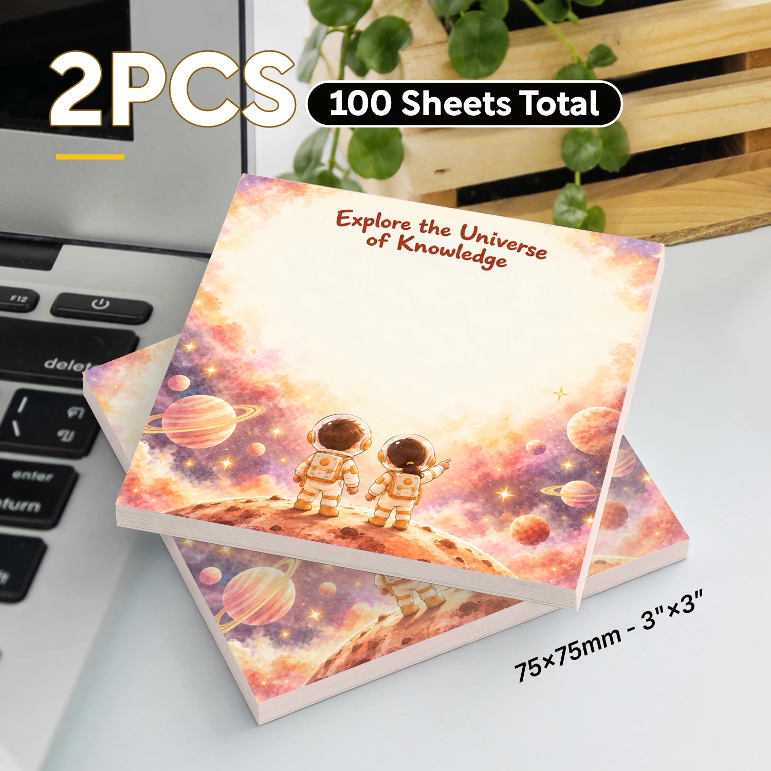 2PCS Astronaut Sticky Notes 100 Sheets Space Galaxy Planets Explore the Universe of Knowledge Kids Memo Pads for Office School