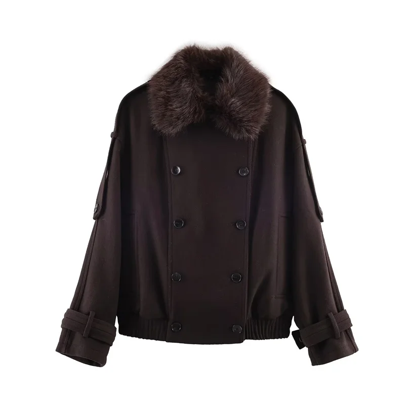 

Women's Jacket 2025 Winter New Style Deep Brown Long Sleeve Faux Fur Collar Decorative Loose Jacket Fashionable and Stylish
