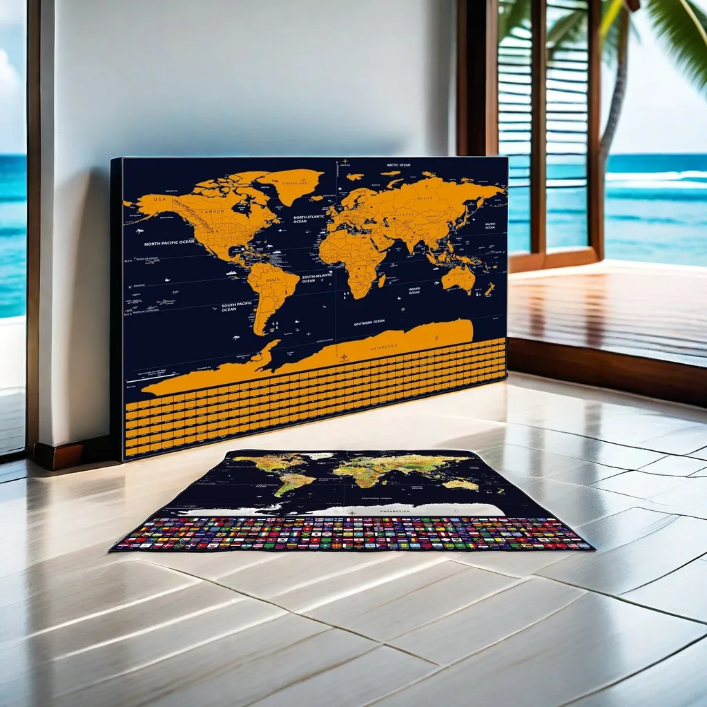 Stunning Scratch off  Global Maps Poster with National Flags and Beautiful Gold Foil Scratch Maps – Perfect Travel Gift Artwork