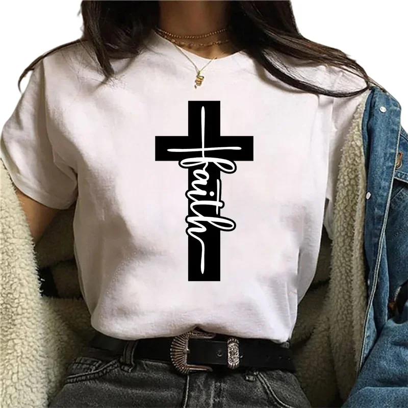 Women Faith Cross Print T-shirts Summer Short Sleeve Casual Tees for Ladies Harajuku Designer Tops for Female Y2K Clothing