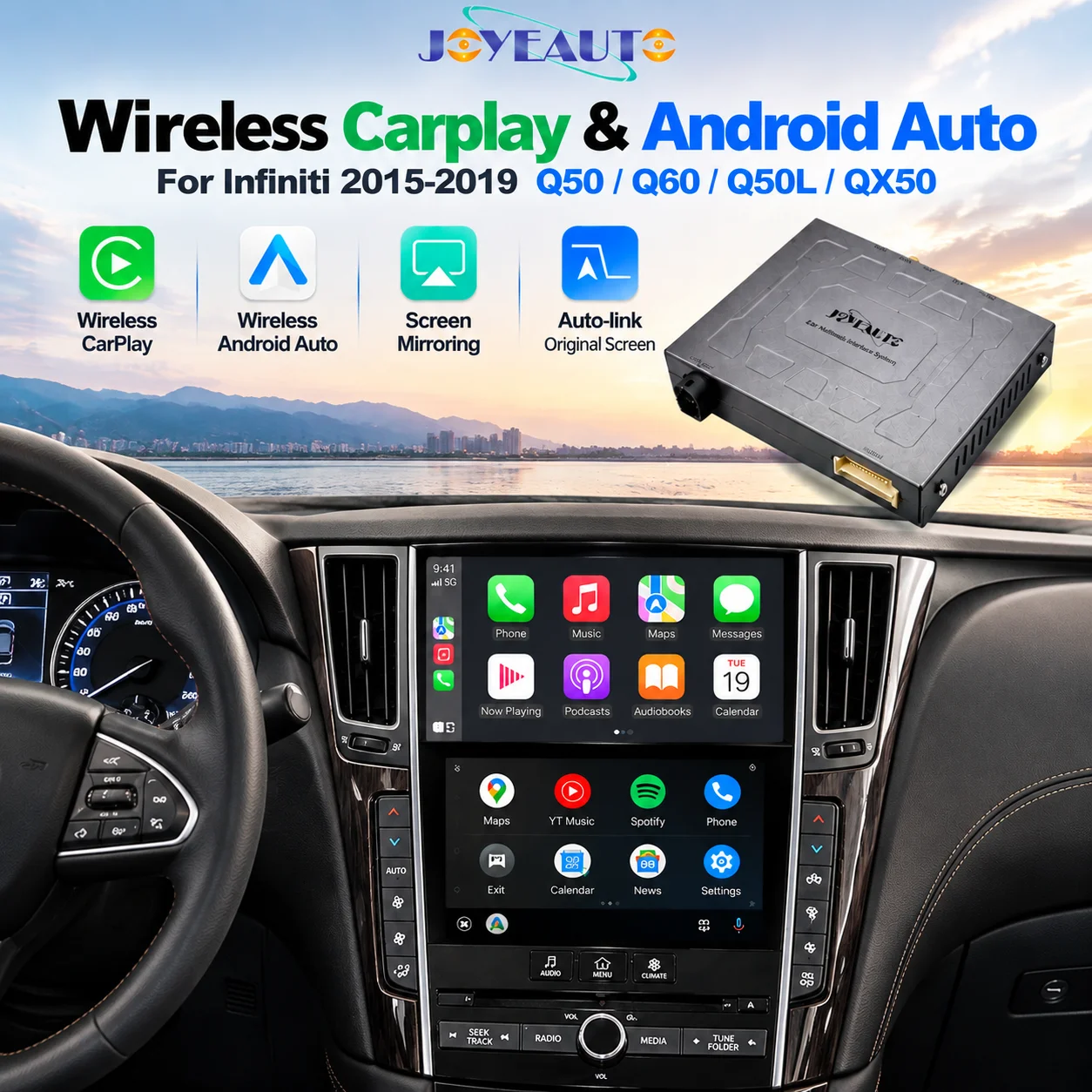 JoyeAuto Retrofit Box Wireless Apple CarPlay Android Auto for Infiniti 8-inch Screen 2015-2019 Q50 Q60 Q50L QX50 Airplay Mirrori