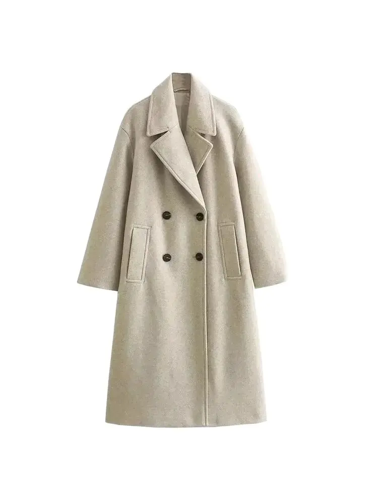 Women\'s Soft Loose Woolen Coat, Long Sleeve, Welt Pockets, Oversized, Female Outerwear, Chic Overcoat, Fashion