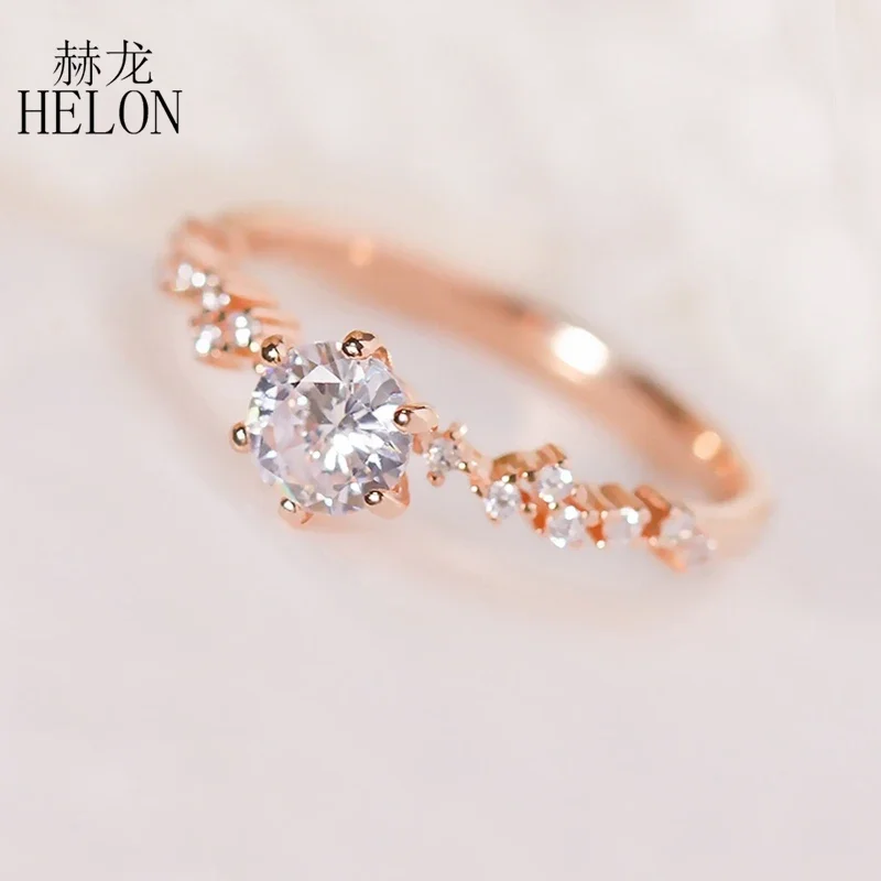 HELON Solid 14K Rose Gold Genuine Moissanite Diamond Engagement Ring Women Solitaire Round 6.5mm 1ct Moissanite Jewelry Luxury