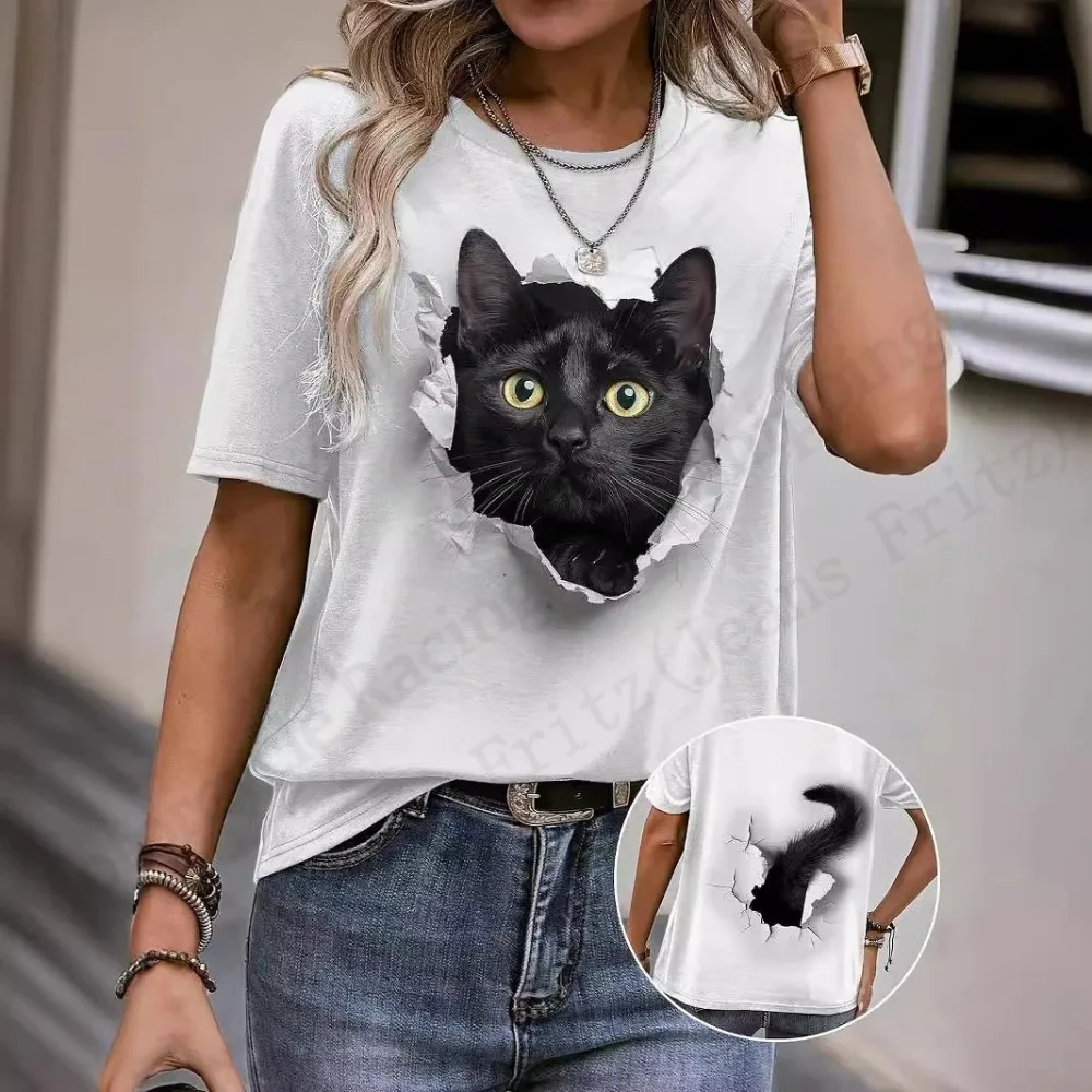 Kaos Grafis 3D Gambar Kucing Lucu Wanita Fashion Kasual O-Neck Oversized Lengan Pendek Kaos Hewan Atasan Desainer Pakaian