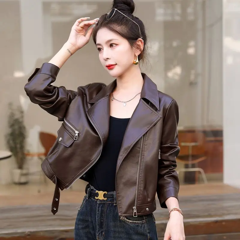 ฤดูใบไม้ผลิ 2025 ผู้หญิง PU หนังแจ็คเก็ตสั้น BIKER Coat Casual แฟชั่น Outerwear
