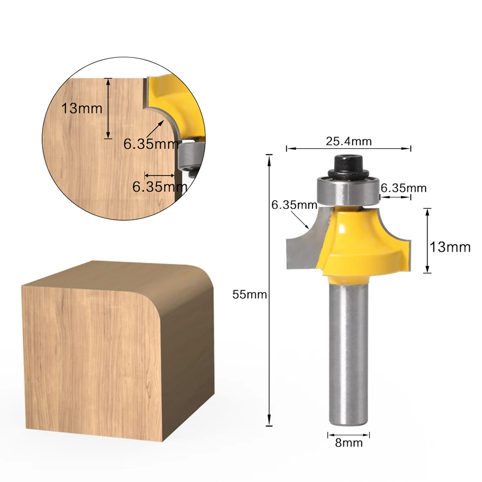 8mm Shank Corner Round Over Router Bits with Bearing Concave Radius Milling Cutters for Wood Woodworking Tools