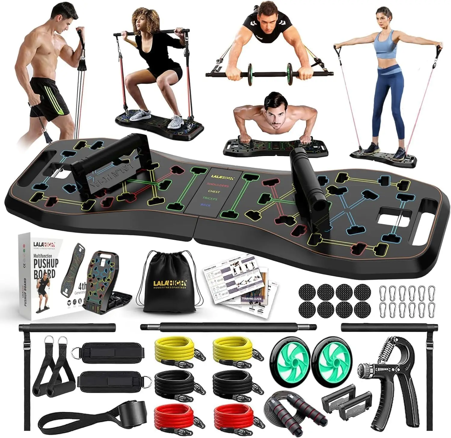 

Portable home fitness system: push up boards, Pilates sticks, and abdominal rollers - full body exercise for men and women