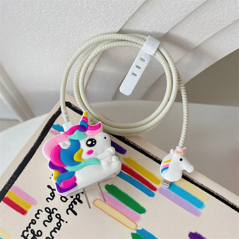 Y2K Cute Cartoon Color Unicorn Charger Cover For IPhone 11 12 13 14 18W-20W Kawaii Clear Charge Protection Cover Charger Sleeve