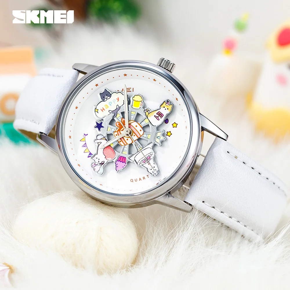 

SKMEI Fashion 360° ° Кварцевые часы с поворотным циферблатом для женщин, женские наручные часы, водонепроницаемые 3 бара, женские часы с милым мультяшным котом, Reloj Mujer