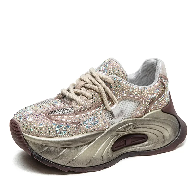 

High quality 6cm Air Mesh Cow Genuine Leather Chunky Sneaker Women Comfy Summer Bling Mixed Color Fsahion Ankle Boots Shoes