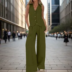 Two-piece Set New in Fashionable Solid Color V-neck Button Sleeveless Vest Tops Commuter Wide Leg Pants Women 2-piece Set 2024