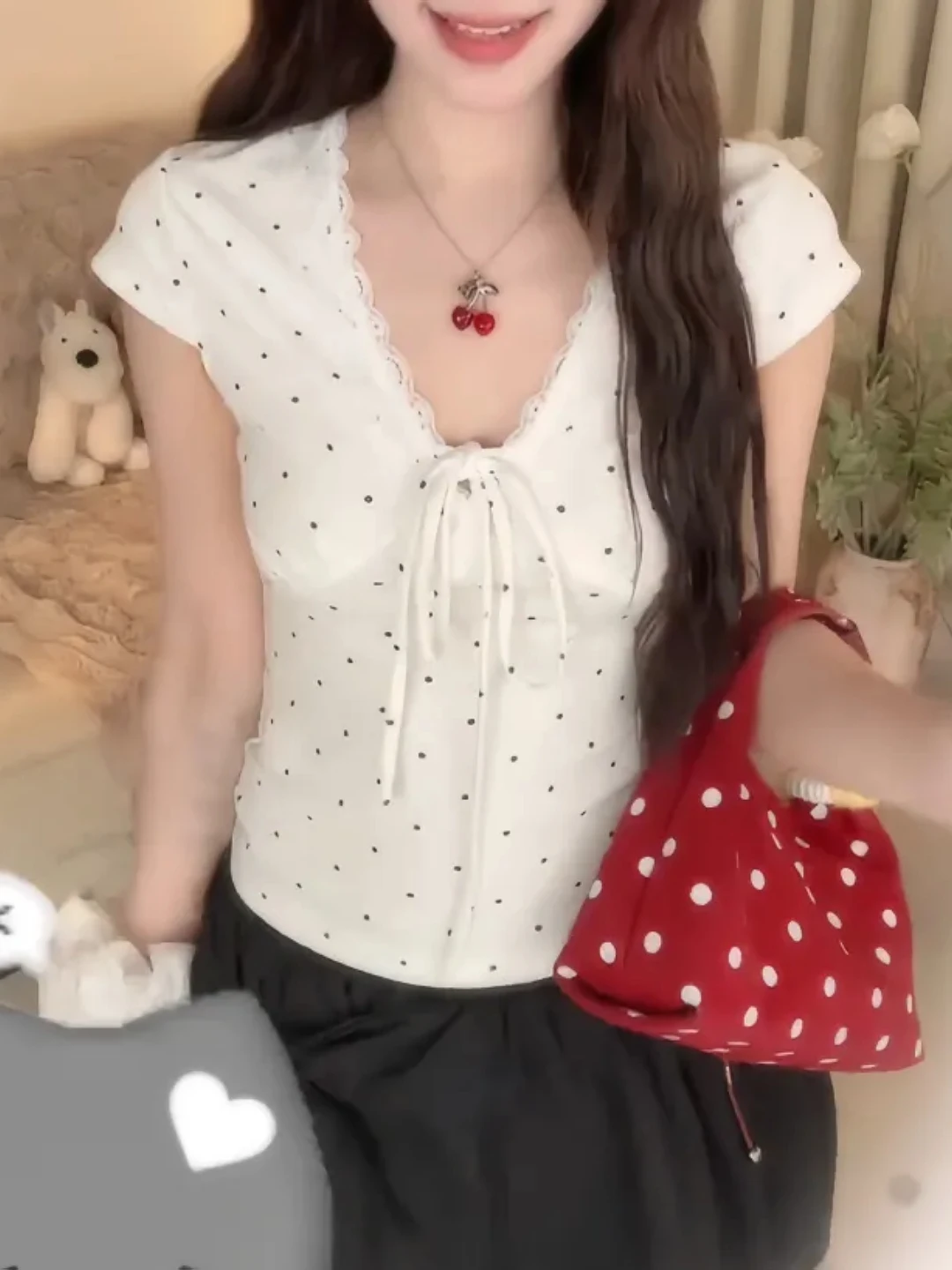 

plus Size Women's Korean Style Polka Dot V-Neck Short Sleeve T-Shirt Slimming Summer New Unique Beautiful Top