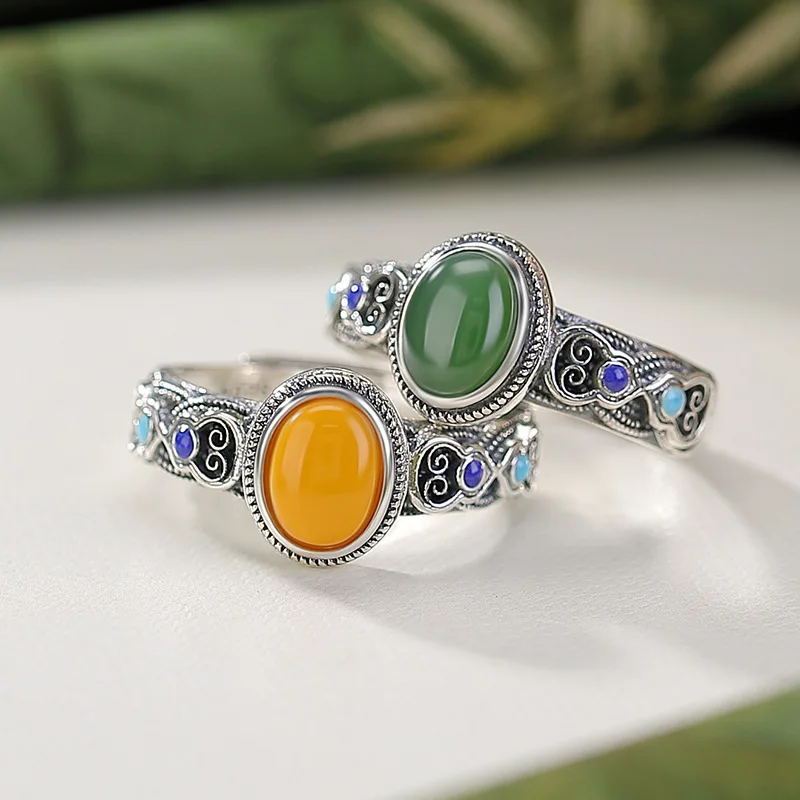 

S925 Sterling Silver Hetian Jade Jasper Amber Gourd Fortune Enamel Woven Ring